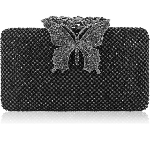 Handbags - Elegant Black Beaded Clutch with Butterfly Accent